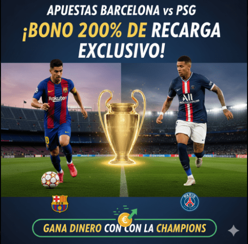 Apuestas Barcelona vs PSG: Bono 200% de Recarga Exclusivo | Gana Dinero con la Champions